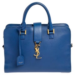 Used Saint Laurent Blue Leather Small Monogram Cabas Tote