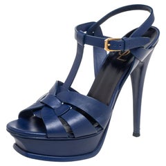Saint Laurent Blue Leather Tribute Ankle Strap Sandals Size 38