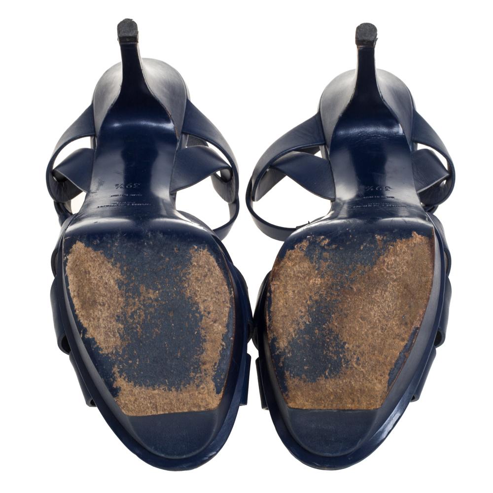 Saint Laurent Blue Leather Tribute Platform Ankle Strap Sandals Size 39.5 In Good Condition In Dubai, Al Qouz 2