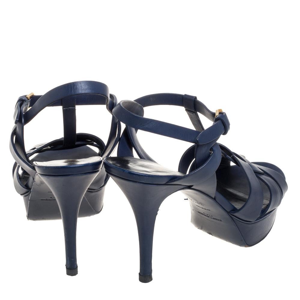 Saint Laurent Blue Leather Tribute Platform Ankle Strap Sandals Size 39.5 1