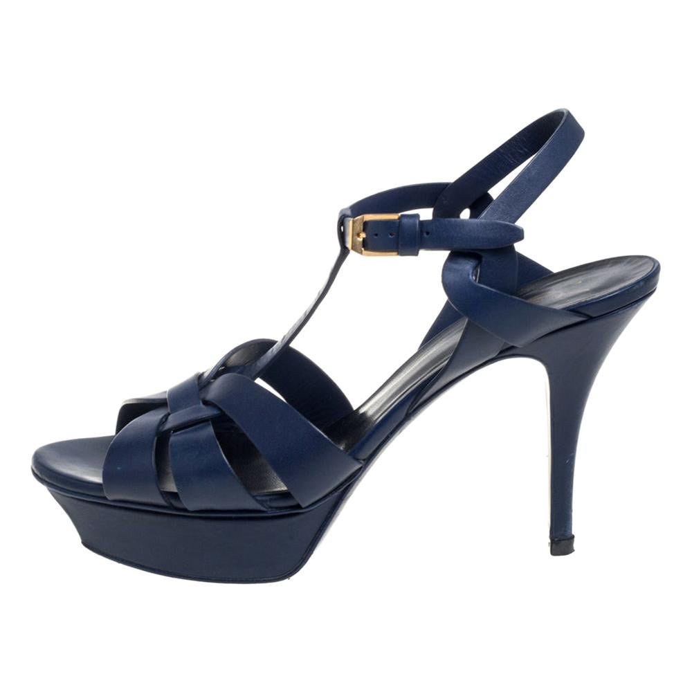 Saint Laurent Blue Leather Tribute Platform Ankle Strap Sandals Size 39.5