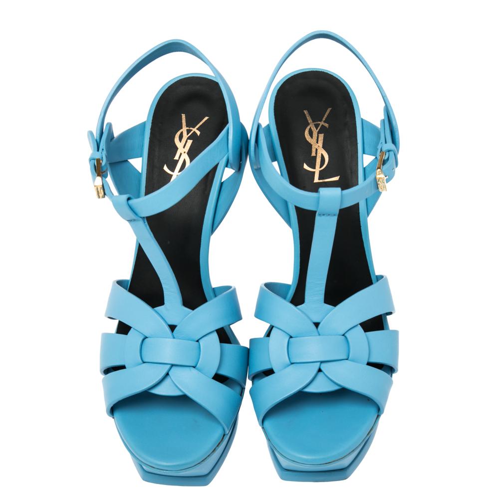 Saint Laurent Blue Leather Tribute Platform Sandals Size 39.5 In Good Condition In Dubai, Al Qouz 2