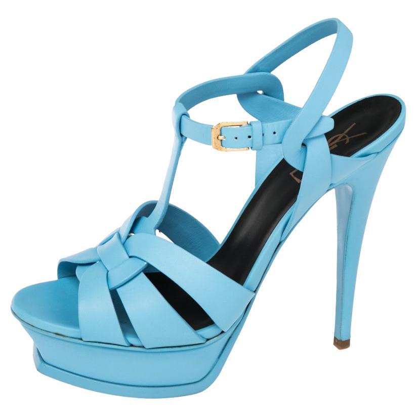 Saint Laurent Blue Leather Tribute Platform Sandals Size 39.5