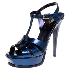 Saint Laurent Blue Leather Tribute Sandals Size 38.5