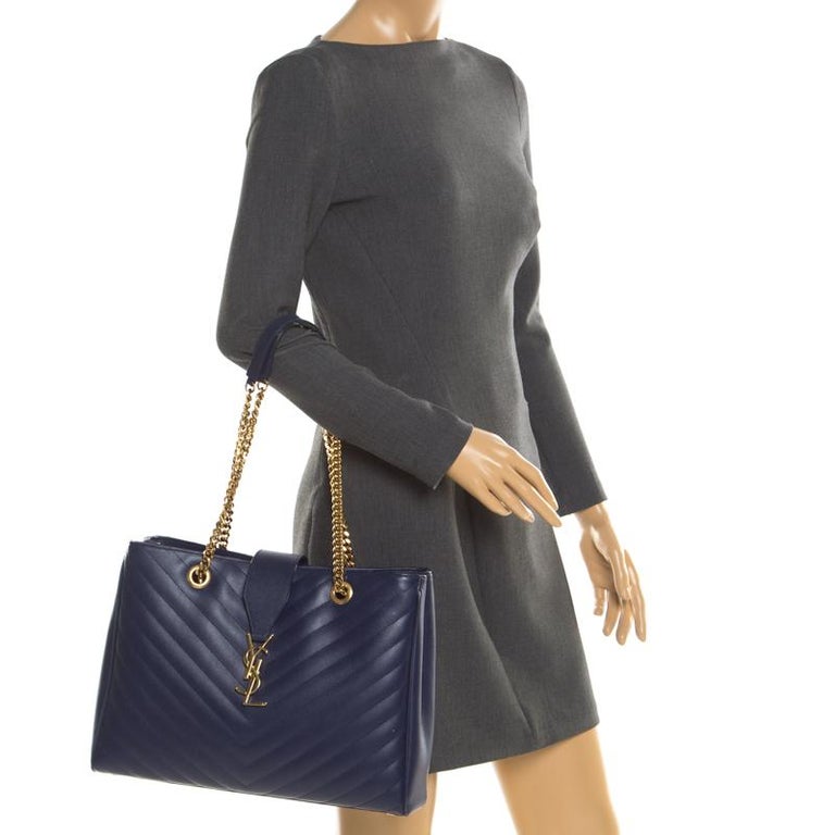 Saint Laurent Blue Matelasse Leather Cassandre Shopper Tote For Sale At 1stdibs