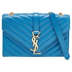 Used Saint Laurent Blue Matelasse Leather Envelope Chain Shoulder Bag