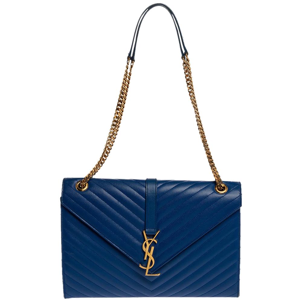 Saint Laurent Blue Matelasse Leather Large Cassandre Flap Bag
