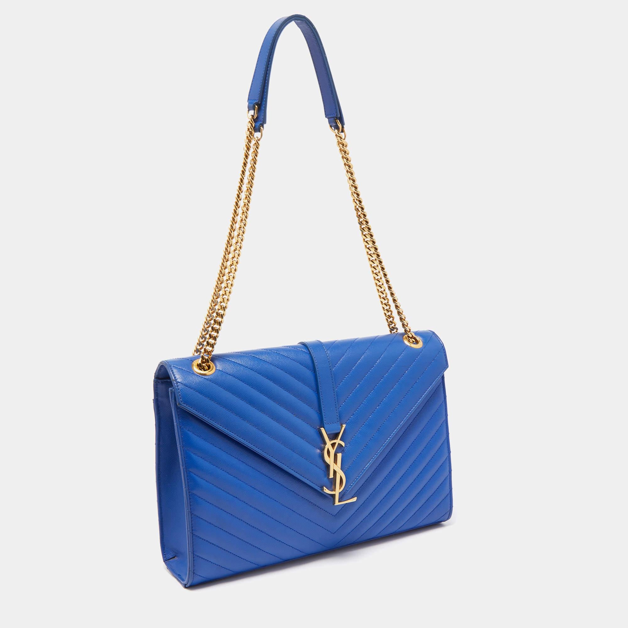 Women's Saint Laurent Blue Matelassé Leather Large Monogram Envelope Shoulder Bag