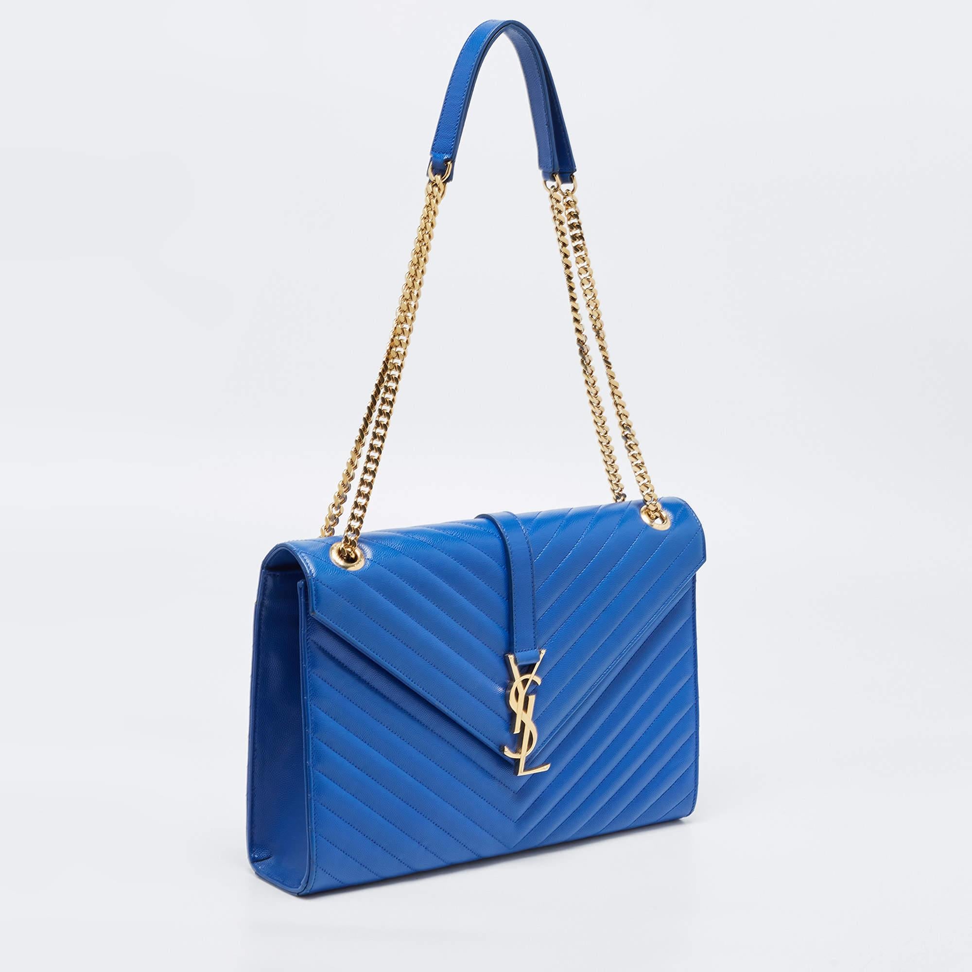 Saint Laurent Blue Matelassé Leather Large Monogram Envelope Shoulder Bag In Good Condition In Dubai, Al Qouz 2