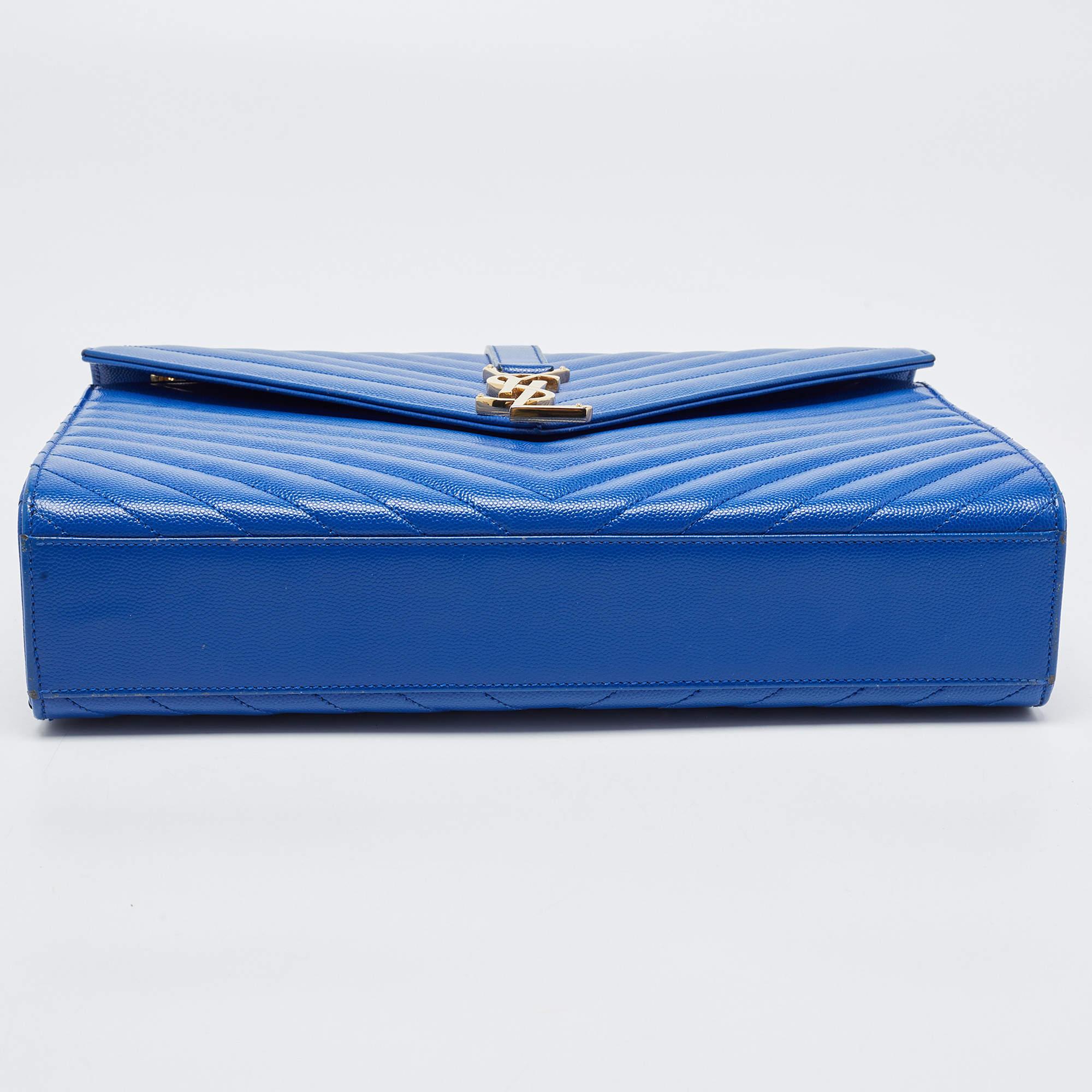 Women's Saint Laurent Blue Matelassé Leather Large Monogram Envelope Shoulder Bag