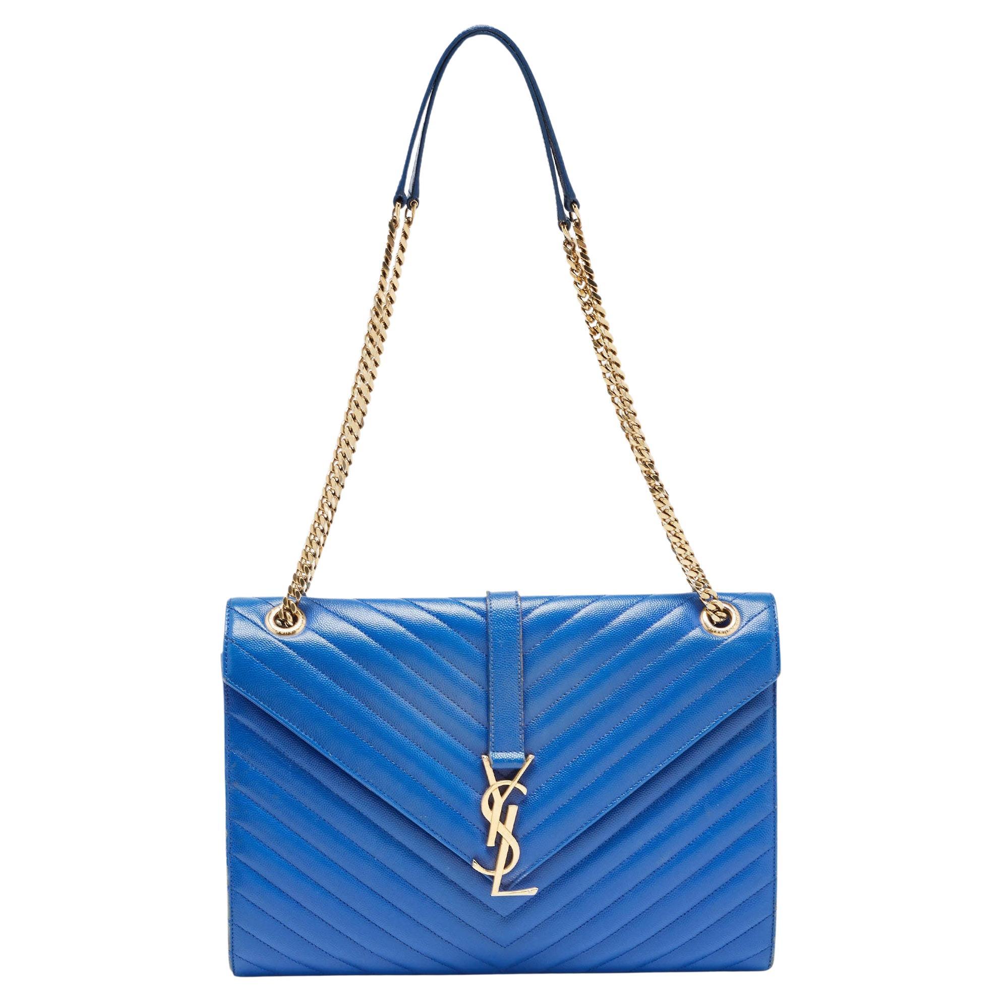 Saint Laurent Blue Matelassé Leather Large Monogram Envelope Shoulder Bag