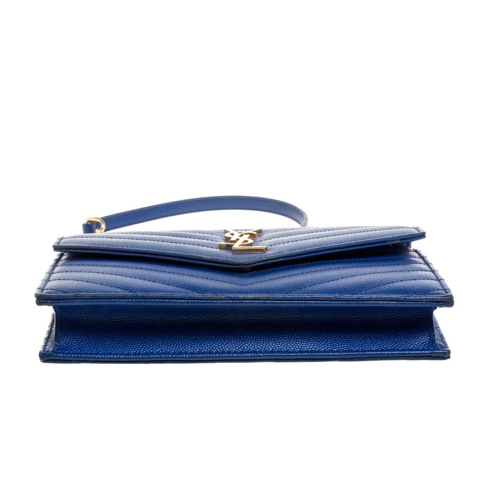 Saint Laurent Blue Matelassé Leather Monogram Envelope Wallet on Chain In Good Condition In Dubai, Al Qouz 2