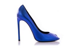 Saint Laurent Blue Metallic Peeptoe Pumps