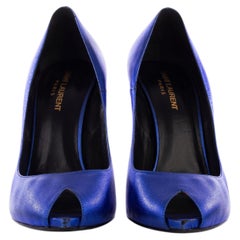 Saint Laurent Blue Metallic Peeptoe Pumps