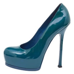 Saint Laurent Blue Patent Leather Tribtoo Platform Pumps Size 40