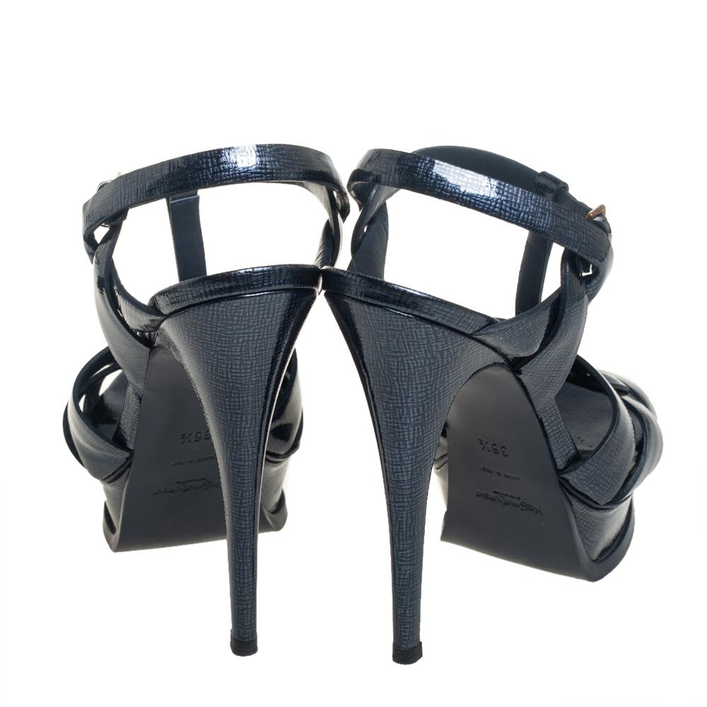 Black Saint Laurent Blue Patent Leather Tribute Sandals Size 36.5
