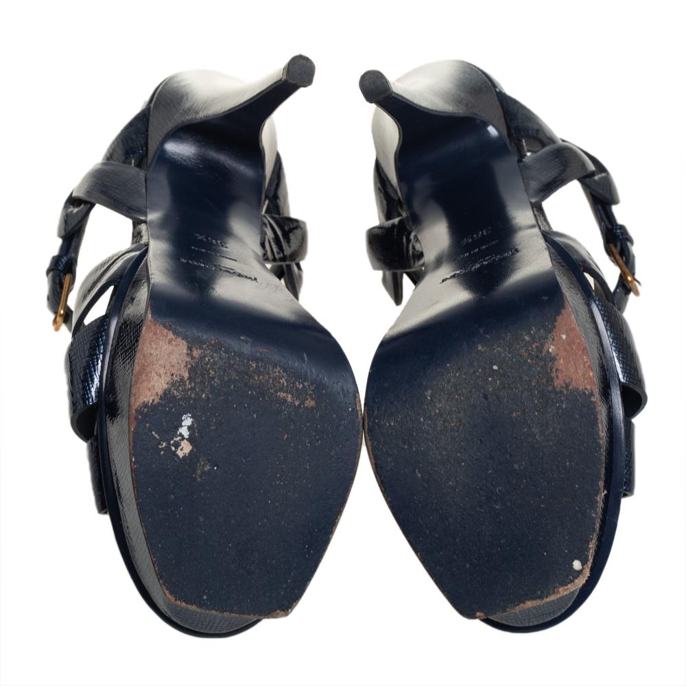 Saint Laurent Blue Patent Leather Tribute Sandals Size 36.5 In Good Condition In Dubai, Al Qouz 2