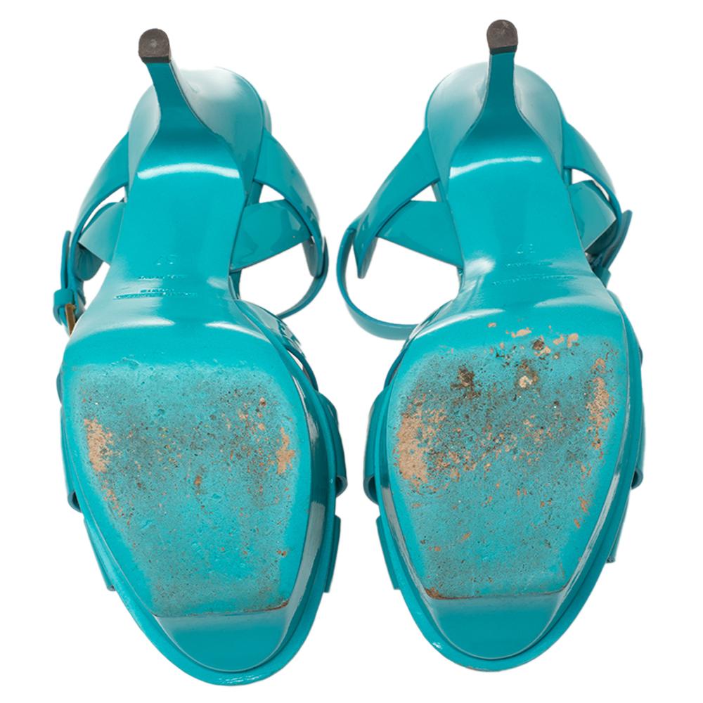Saint Laurent Blue Patent Leather Tribute Sandals Size 37 In Good Condition In Dubai, Al Qouz 2
