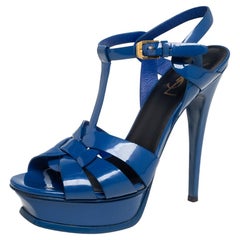 Saint Laurent Blue Patent Leather Tribute Sandals Size 37.5