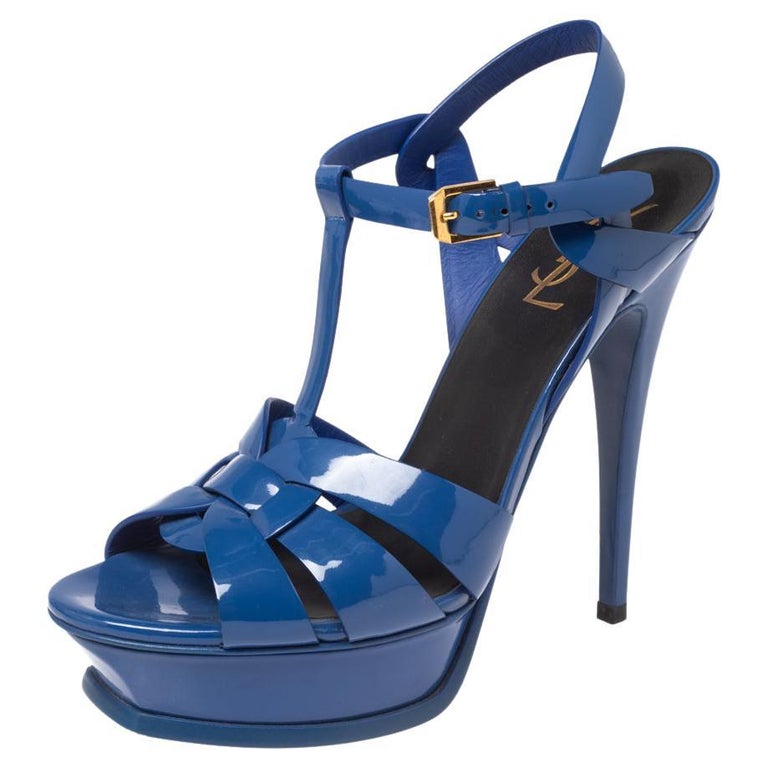 Saint Laurent Blue Patent Leather Tribute Sandals size 38.5 at 1stDibs