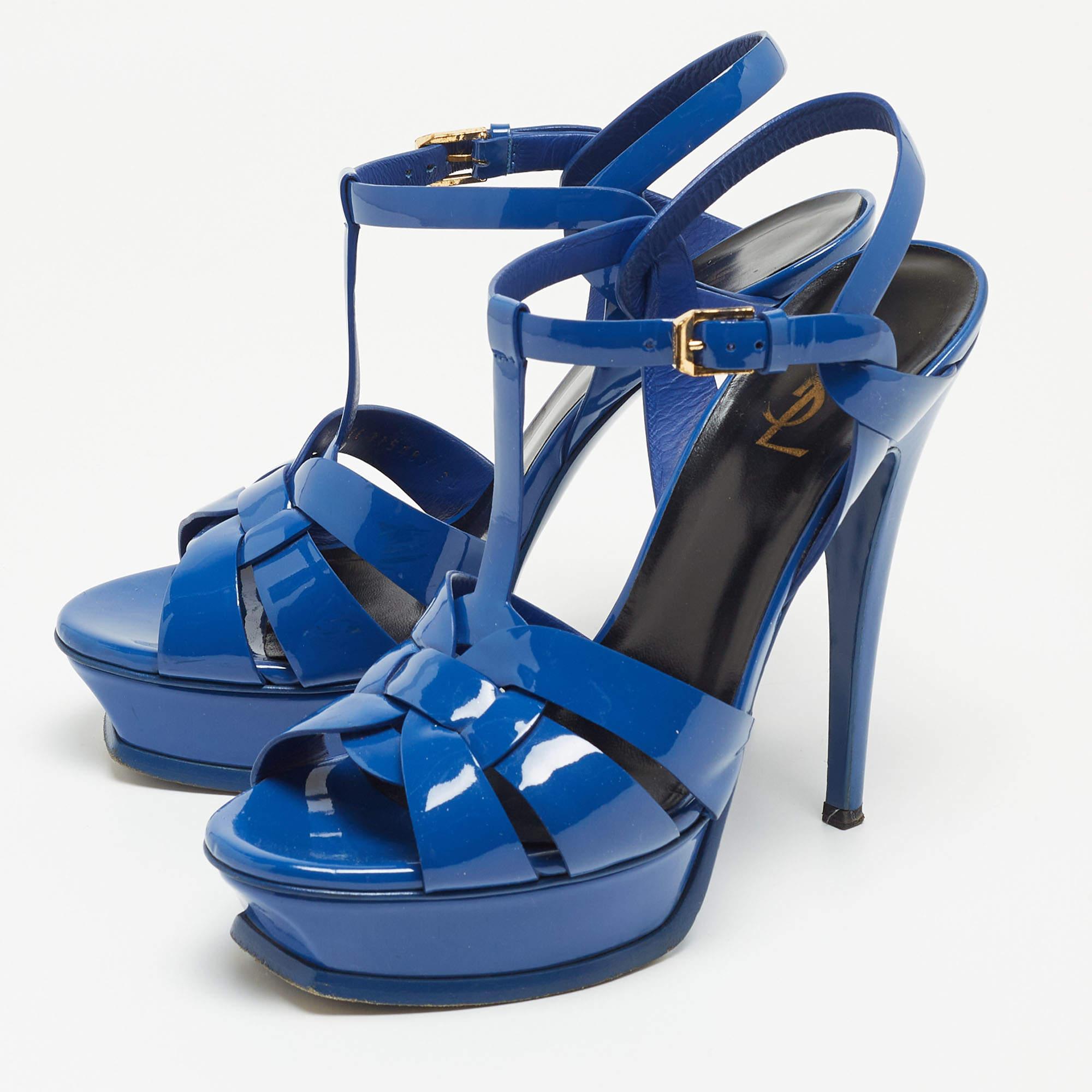 Saint Laurent Blue Patent Tribute Ankle Strap Sandals  4