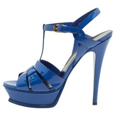 Saint Laurent Blue Patent Tribute Ankle Strap Sandals 