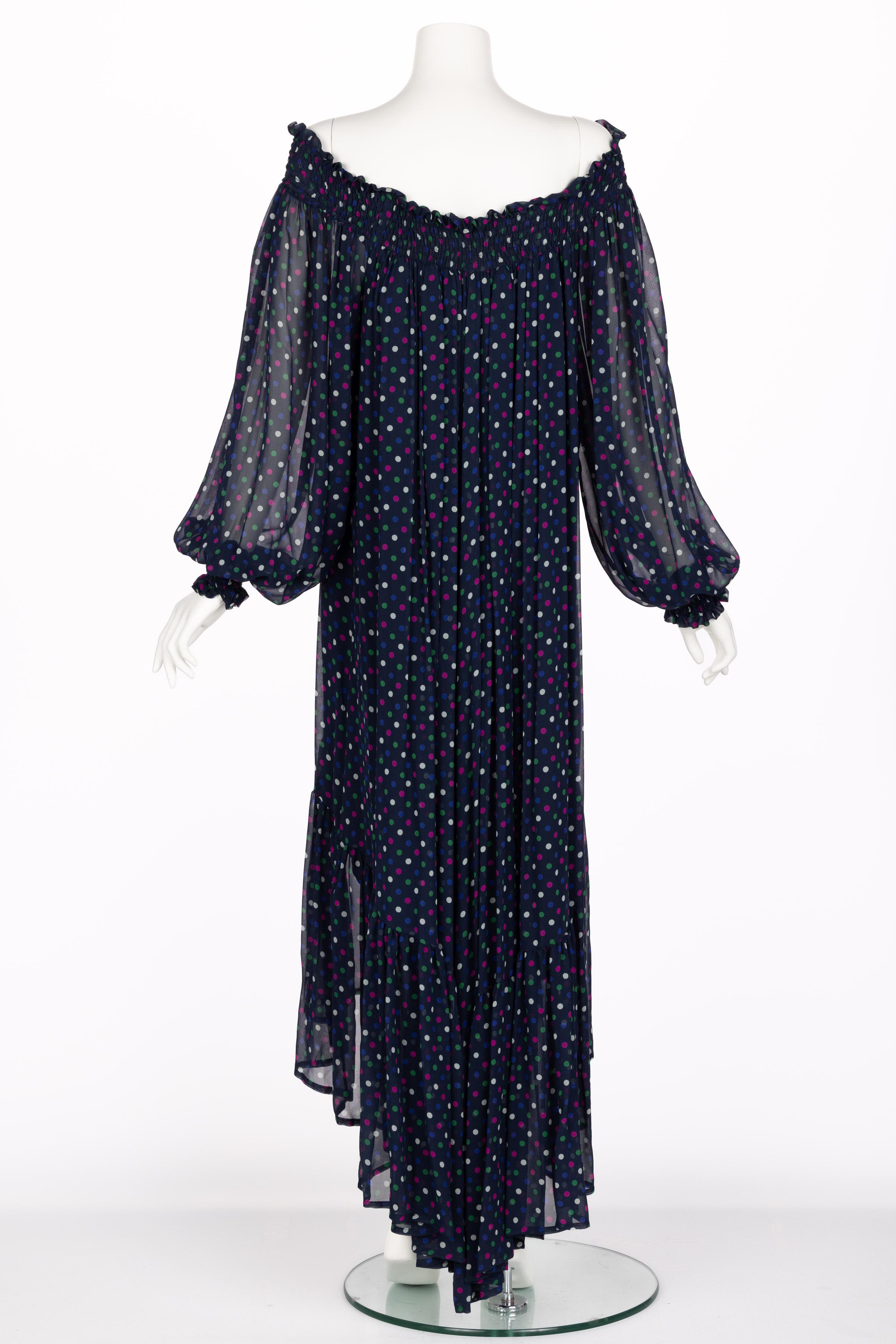 Saint Laurent Blue Polka Dot Off Shoulder Silk Dress YSL 1970s For Sale 7