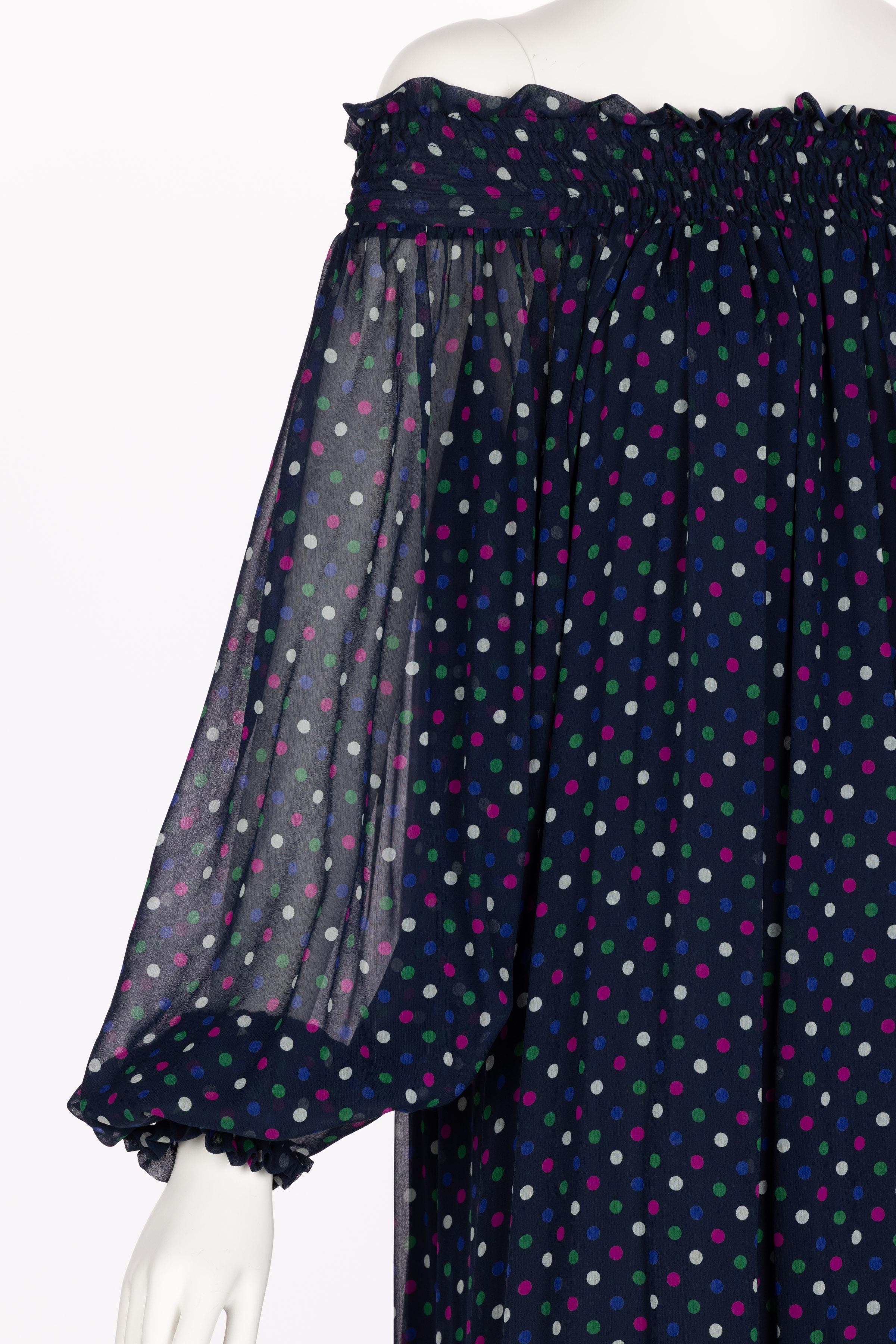 Saint Laurent Blue Polka Dot Off Shoulder Silk Dress YSL 1970s For Sale 10