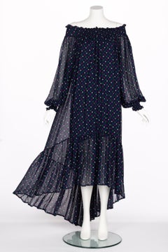 Saint Laurent Blue Polka Dot Off Shoulder Silk Dress YSL 1970s