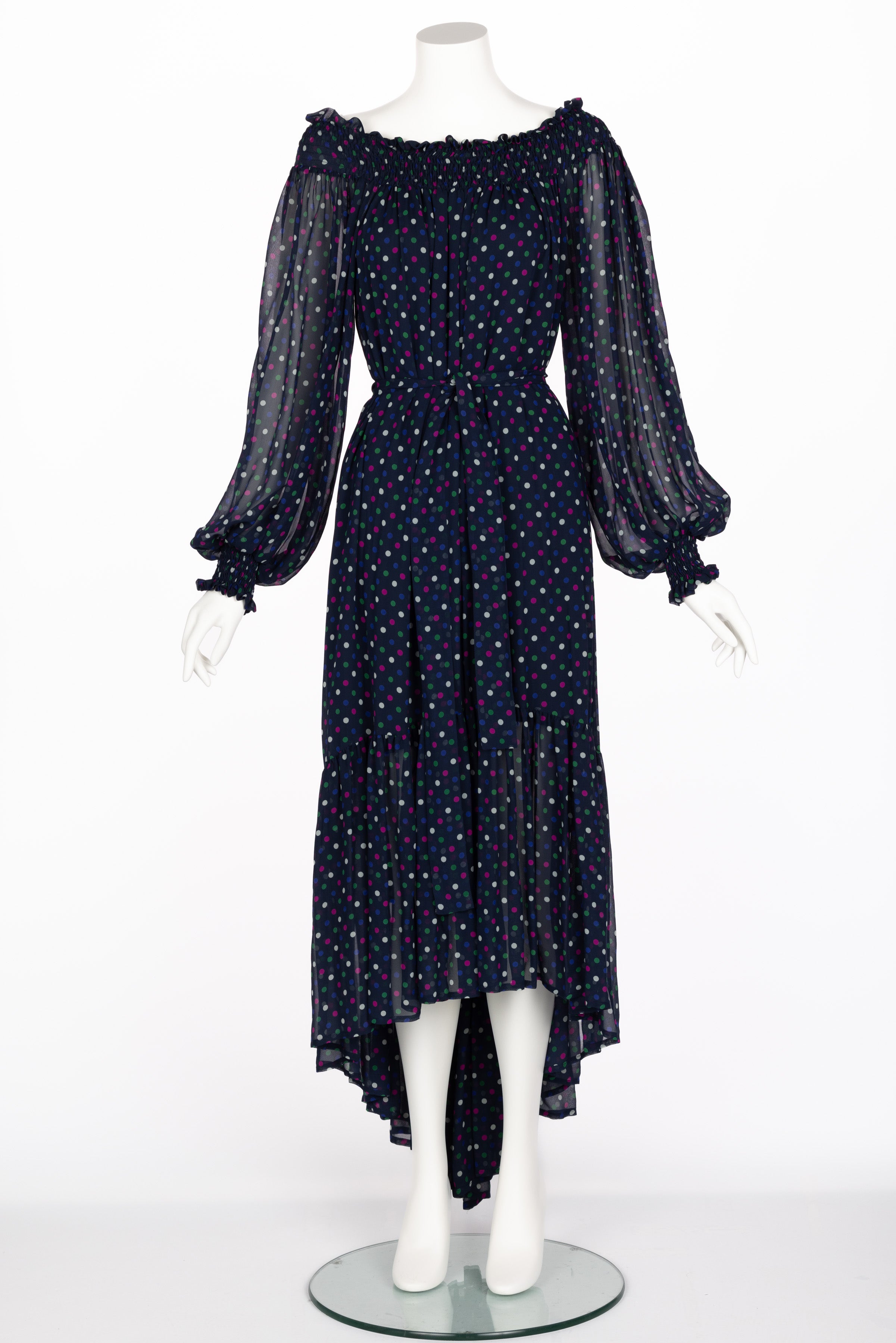 Black Saint Laurent Blue Polka Dot Off Shoulder Silk Dress YSL 1970s For Sale