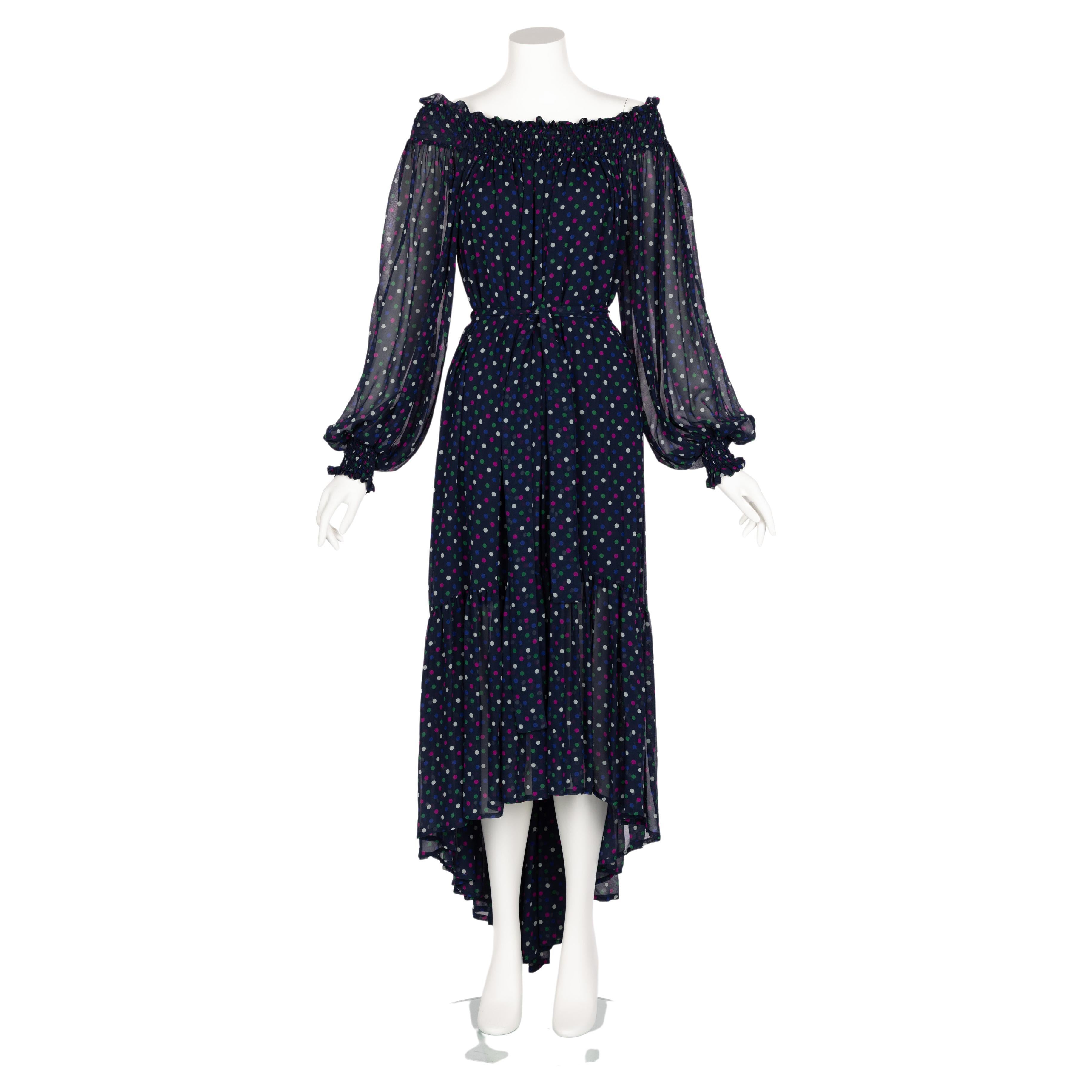 Women's Saint Laurent Blue Polka Dot Off Shoulder Silk Dress YSL 1970s For Sale