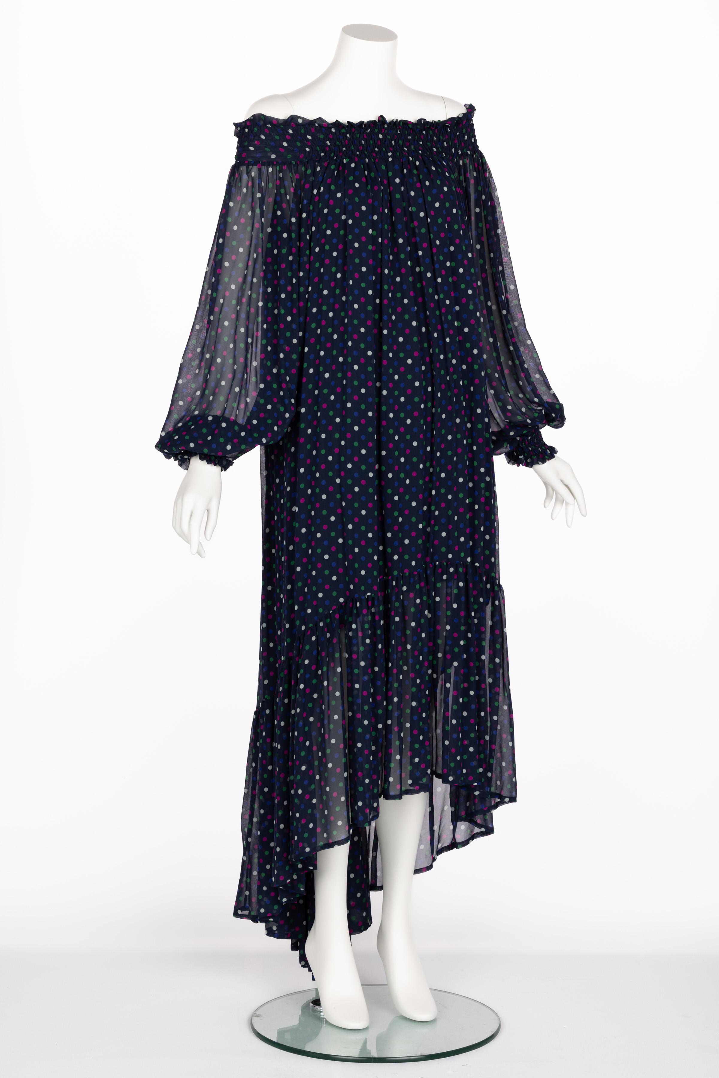 Saint Laurent Blue Polka Dot Off Shoulder Silk Dress YSL 1970s For Sale 4
