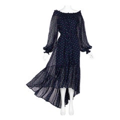 Saint Laurent Blue Polka Dot Off Shoulder Silk Dress YSL 1970s