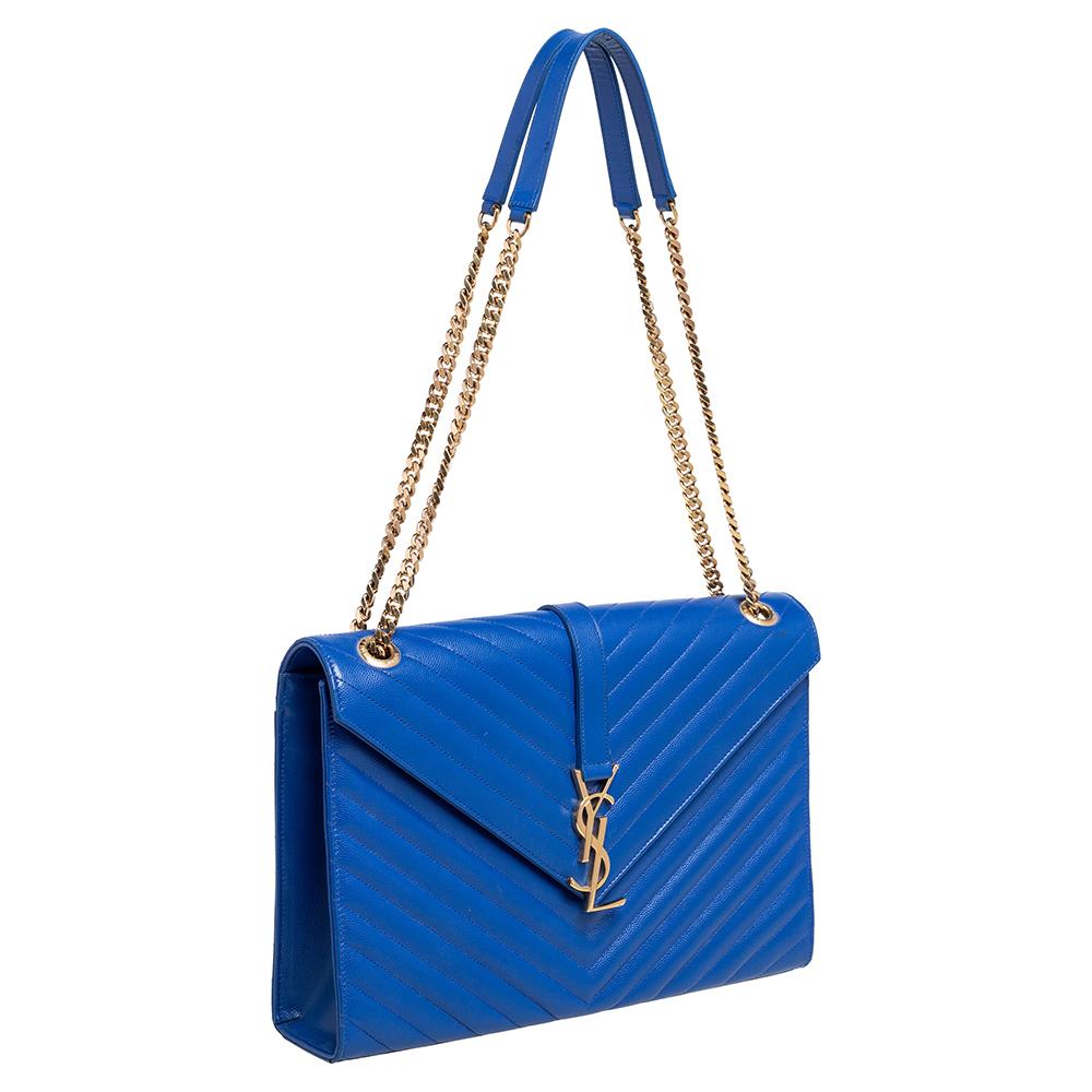 Women's Saint Laurent Blue Quilted Leather Monogram Envelope Shoulder Bag