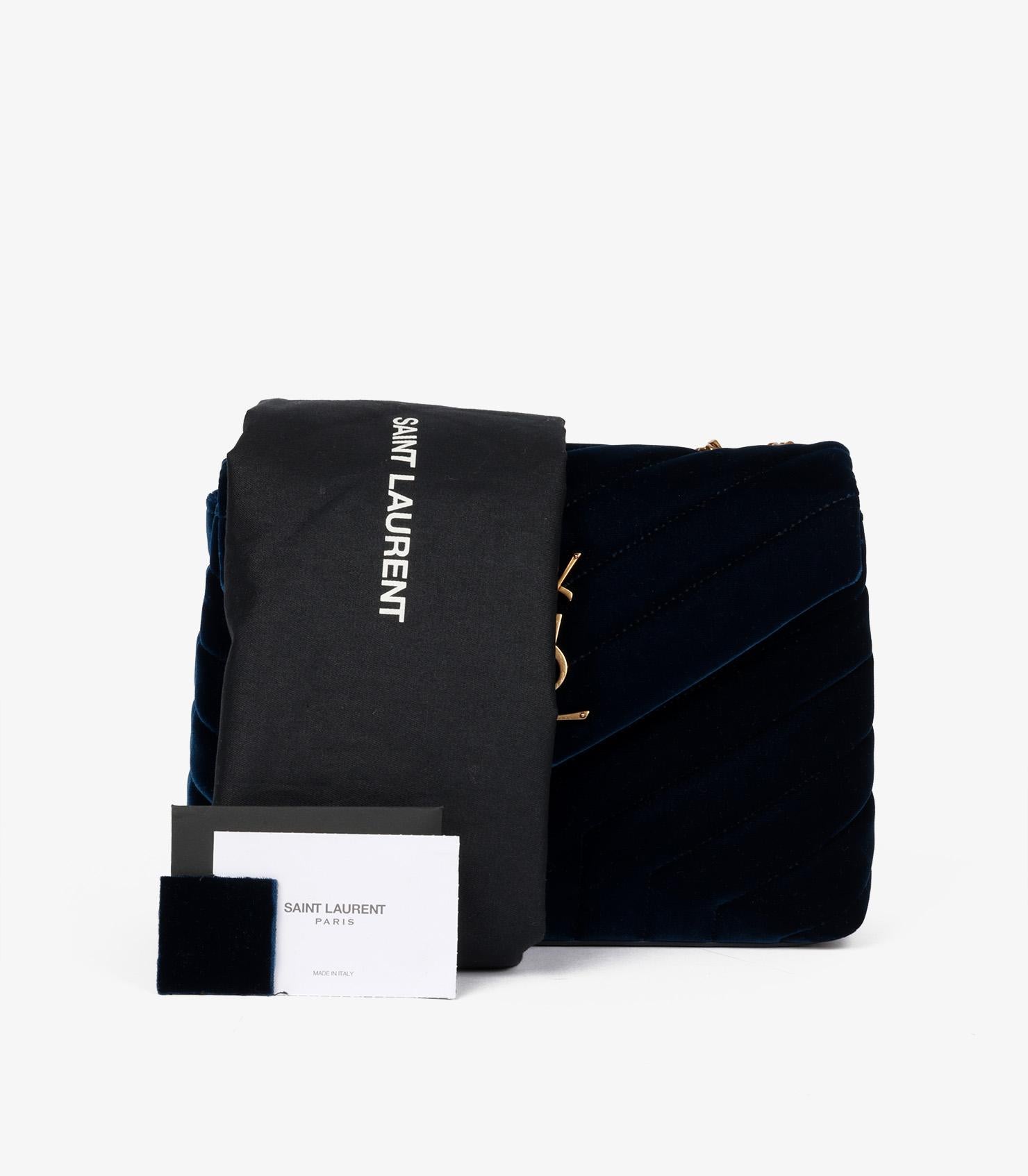 Saint Laurent Blue Quilted Velvet & Calfskin Leather Small Loulou For Sale 7