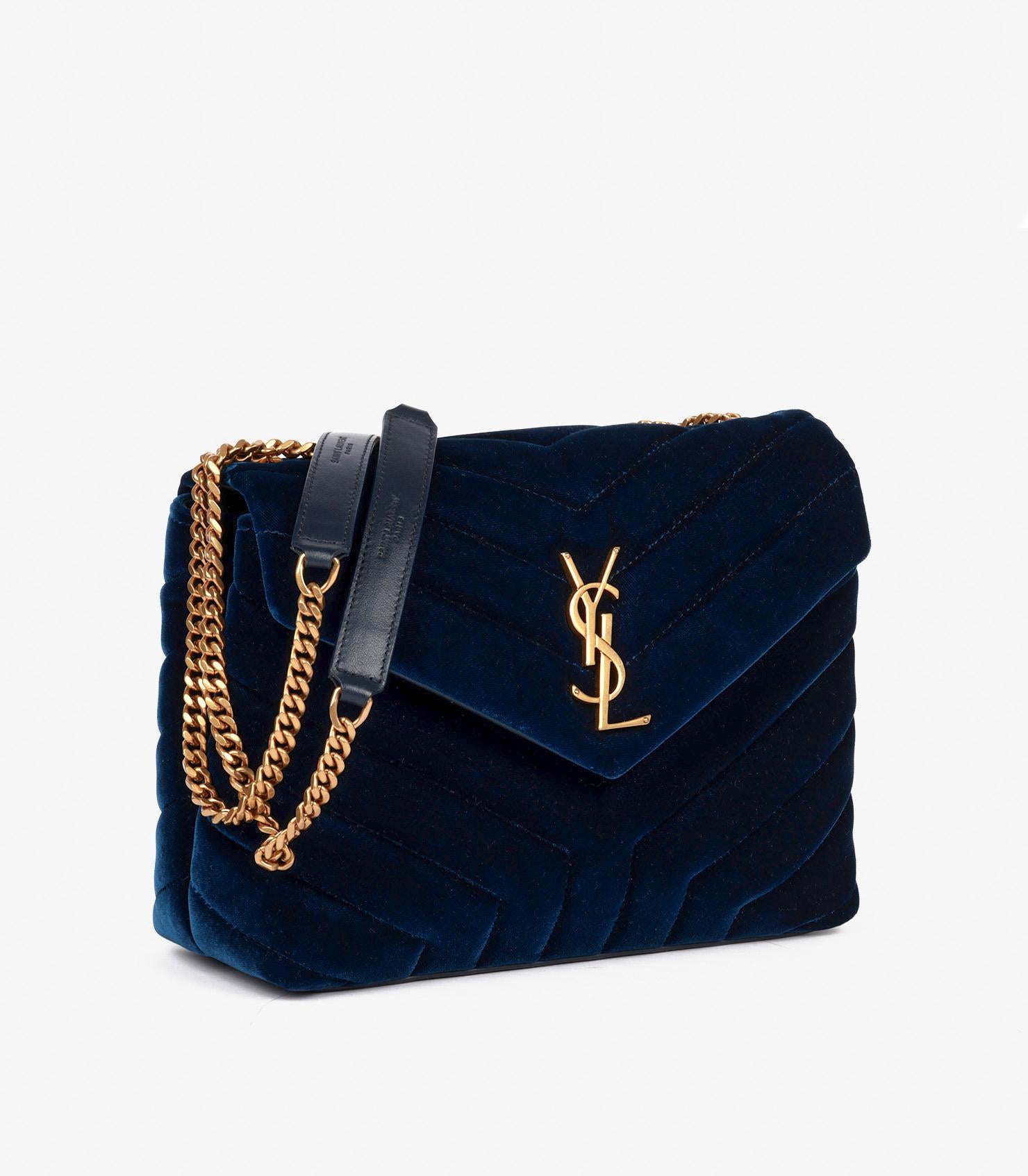Saint Laurent Blue Quilted Velvet & Calfskin Leather Small Loulou In Excellent Condition For Sale In Bishop's Stortford, Hertfordshire