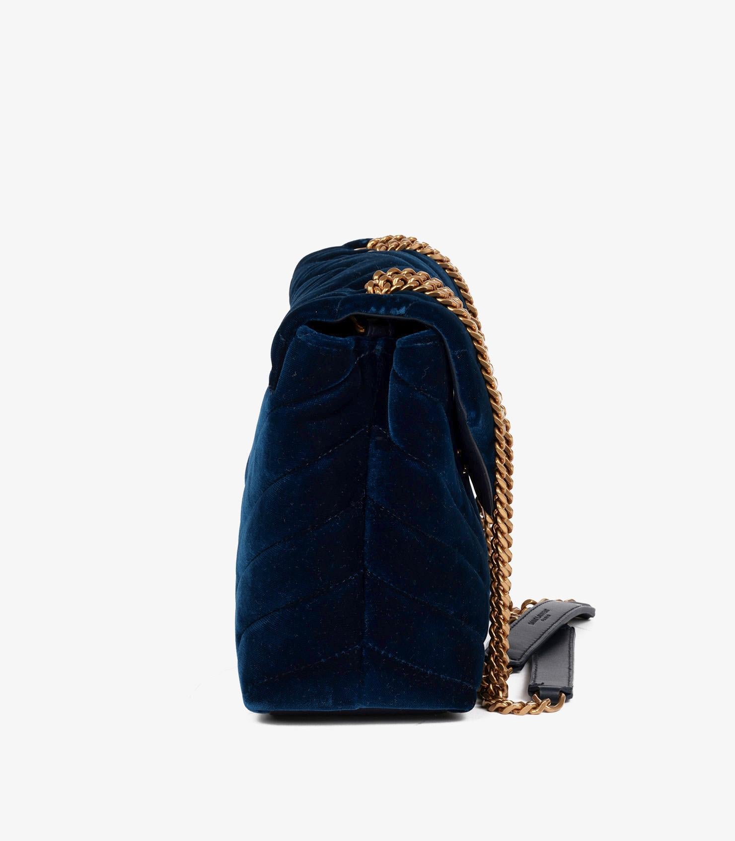 Saint Laurent Blue Quilted Velvet & Calfskin Leather Small Loulou In Excellent Condition In Bishop's Stortford, Hertfordshire