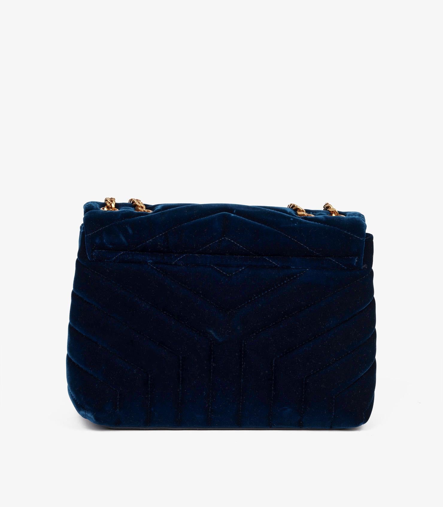 Saint Laurent Blue Quilted Velvet & Calfskin Leather Small Loulou For Sale 2