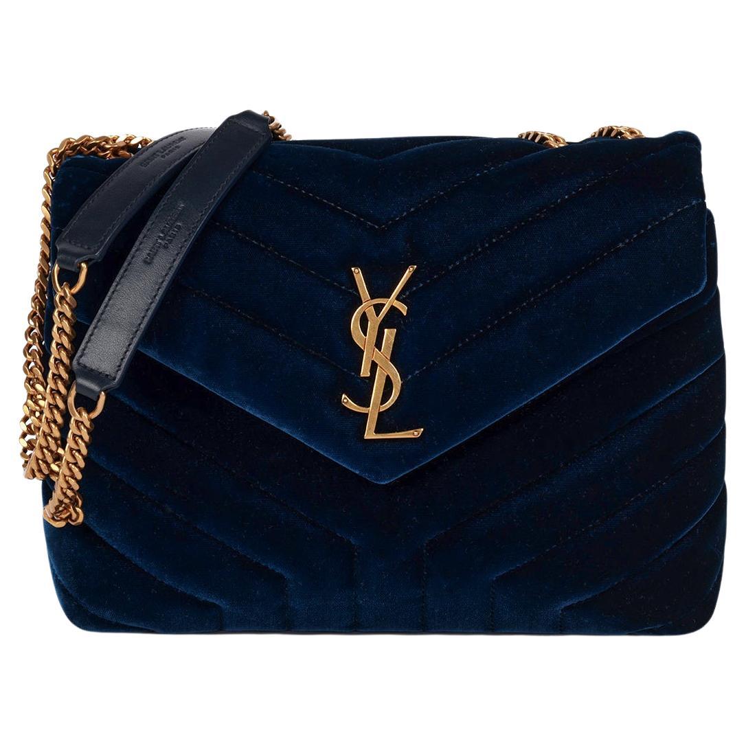 Saint Laurent Blue Quilted Velvet & Calfskin Leather Small Loulou For Sale