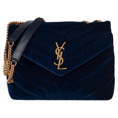 Saint Laurent Blue Quilted Velvet & Calfskin Leather Small Loulou