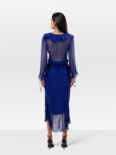 Saint Laurent Blue Ruffle Sheer Wrap Dress Size S