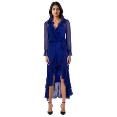 Saint Laurent Blue Ruffle Sheer Wrap Dress Size S