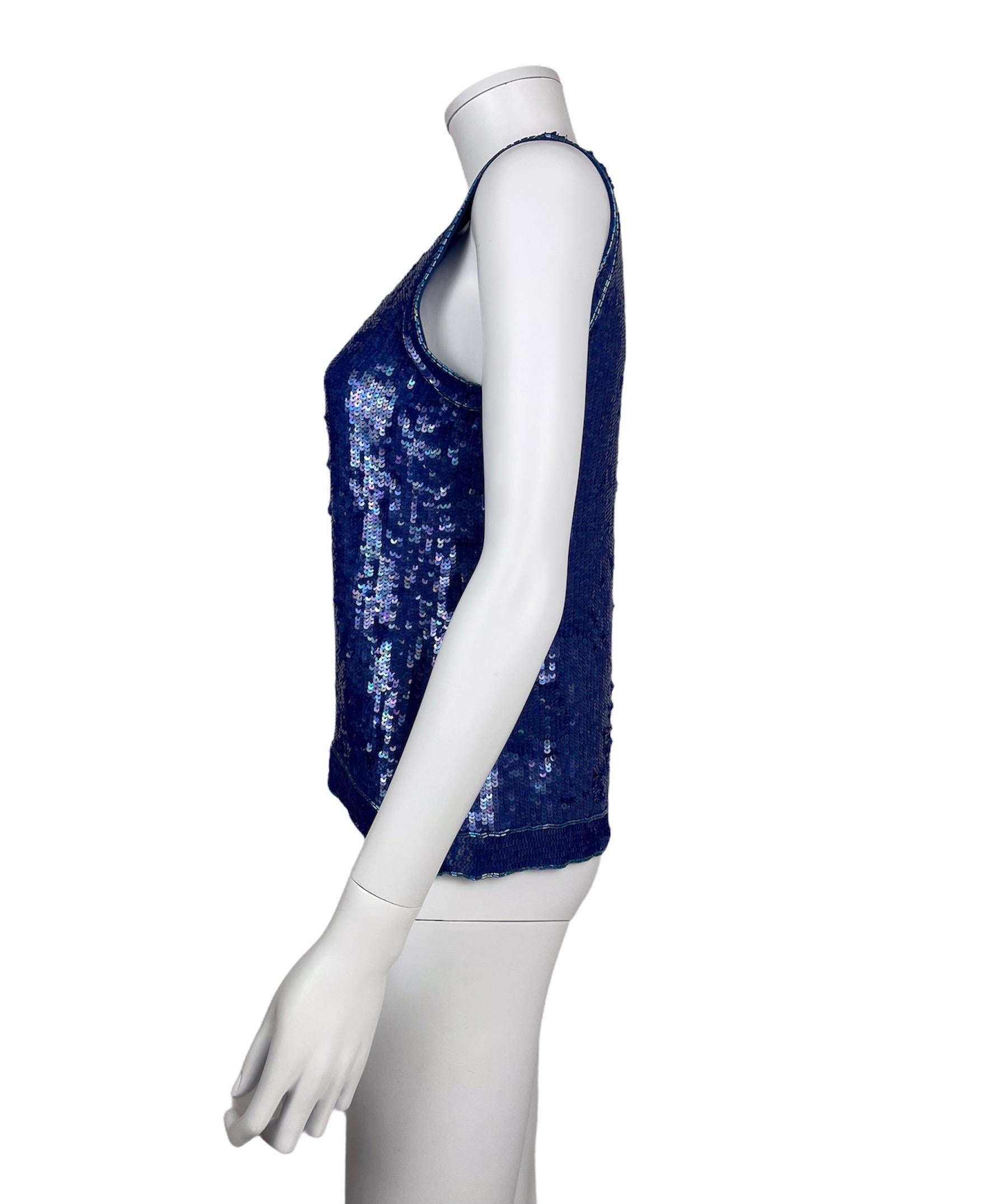 Saint Laurent Blue Sequins Silk Tank Top Sparkling Small size In Good Condition In Paris, FR