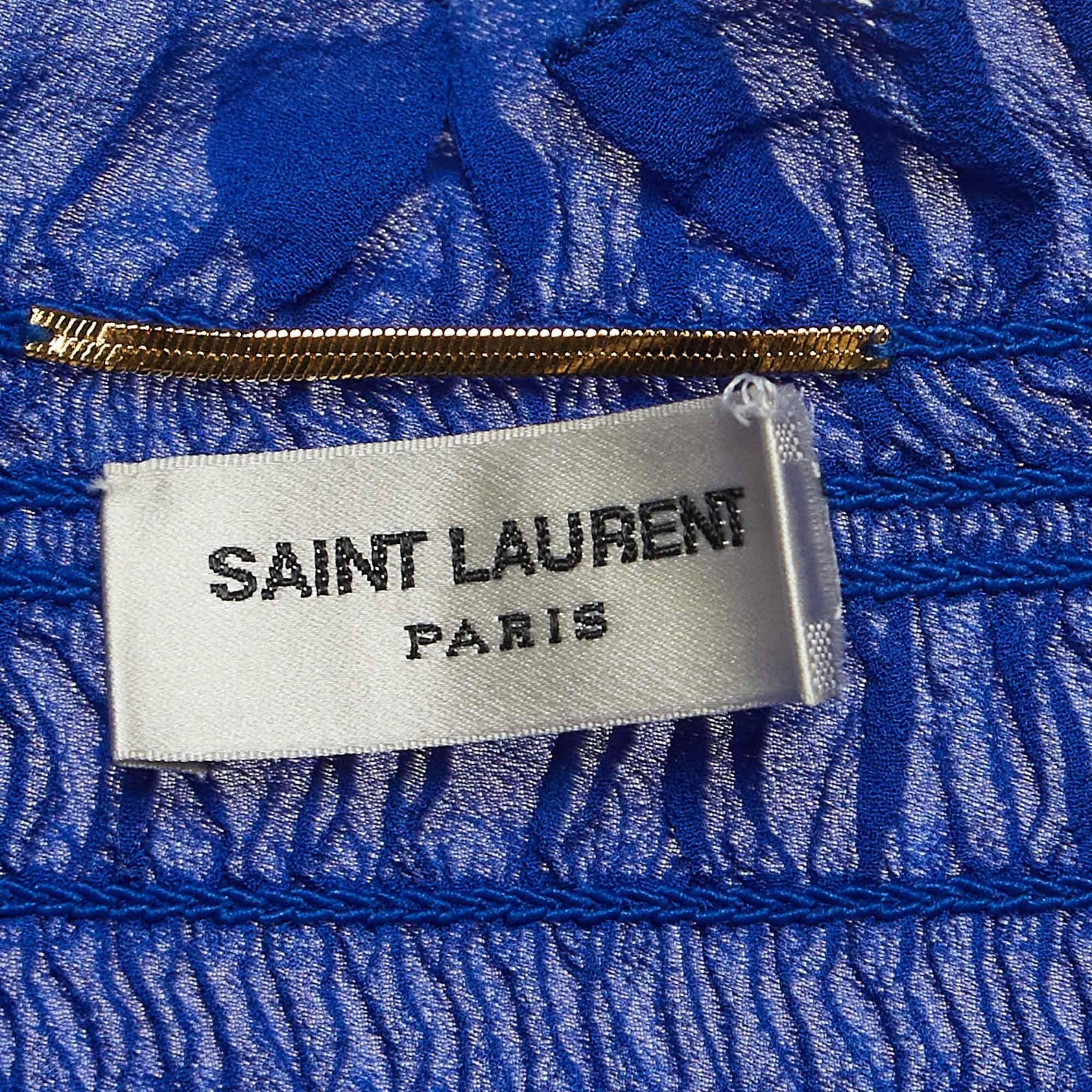 Women's Saint Laurent Blue Smocked Silk Off-Shoulder Flared Sleeve Blouse M For Sale