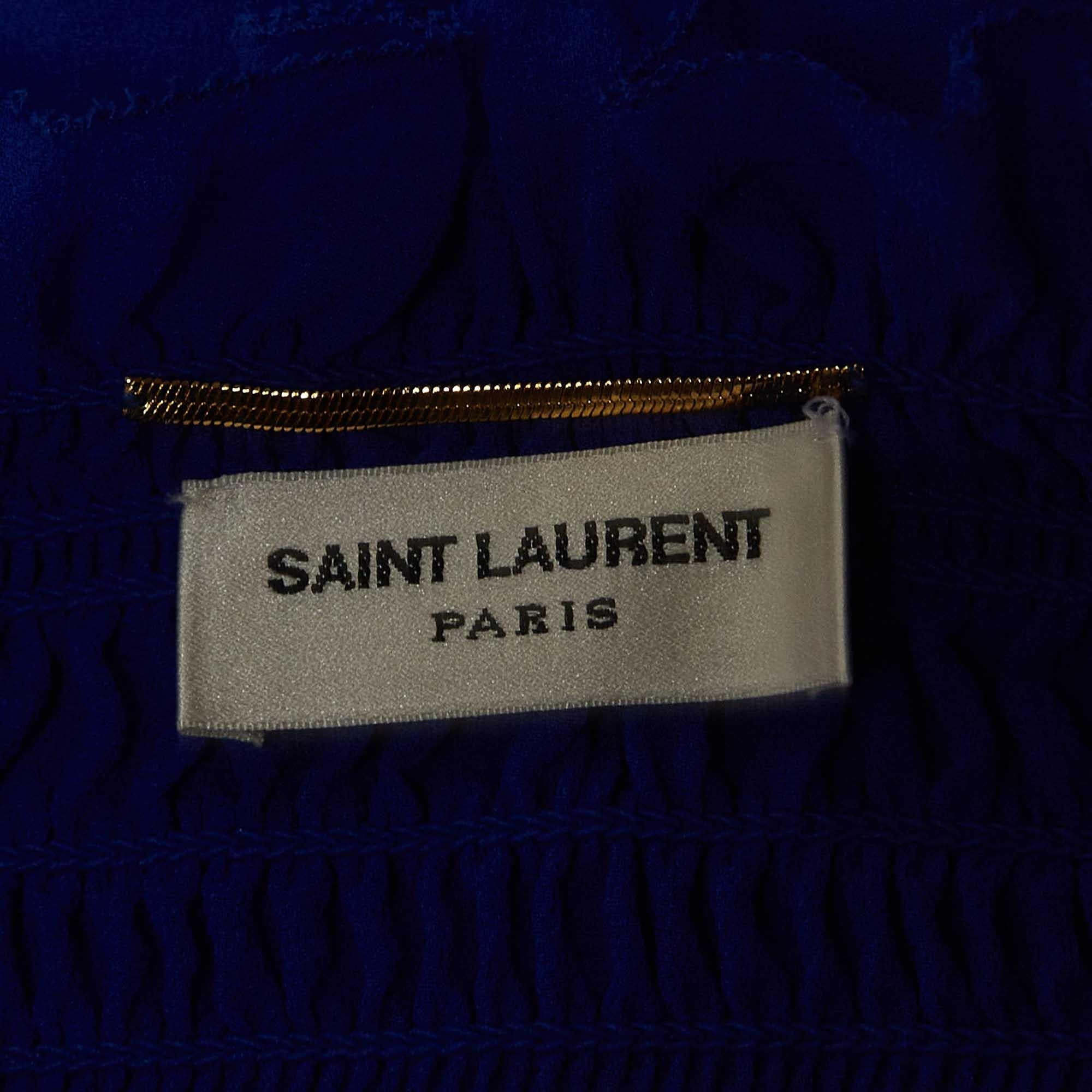 Saint Laurent Blue Smocked Silk Off-Shoulder Flared Sleeve Blouse M For Sale 2