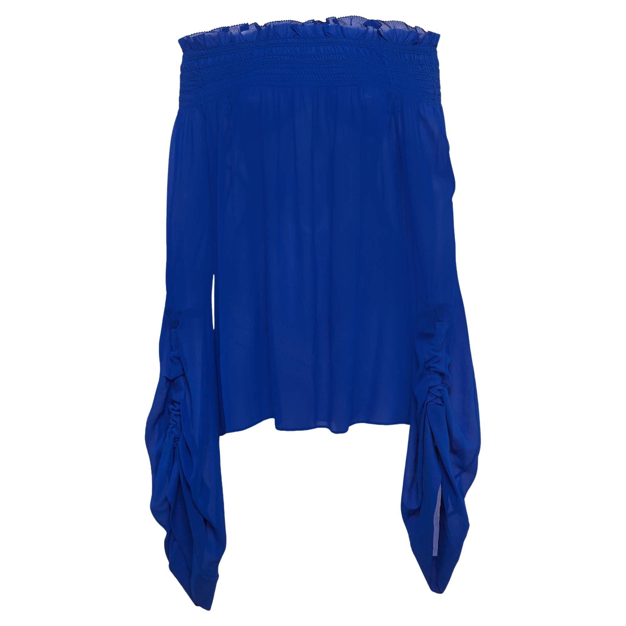 Saint Laurent Blue Smocked Silk Off-Shoulder Flared Sleeve Blouse M For Sale