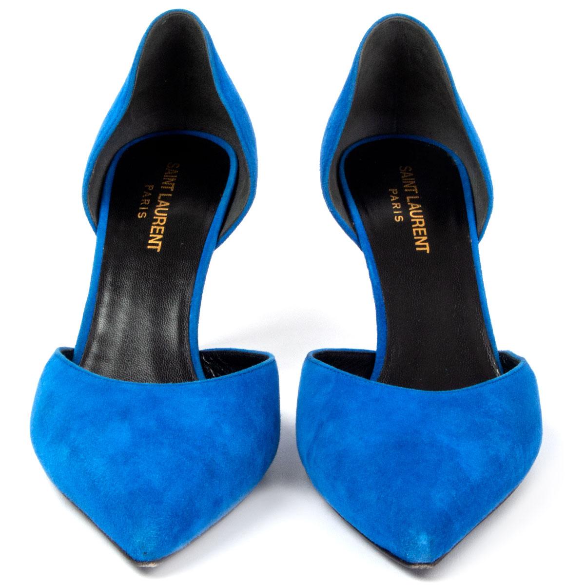 100% authentic Saint Laurent D'Orsay pointed-toe pumps in blue suede. Have been worn and are in excellent condition. Come with dust bag. 

Imprinted Size	40
Shoe Size	40
Inside Sole	26cm (10.1in)
Width	8cm (3.1in)
Heel	8cm (3.1in)

All our listings