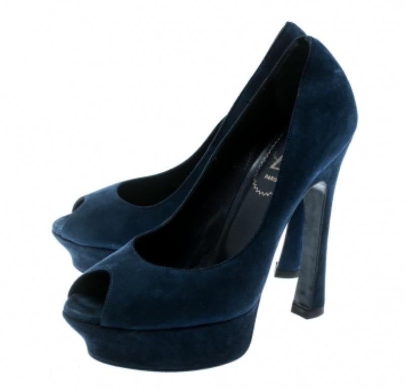 Saint Laurent Palais escarpins à bout ouvert en daim bleu taille 36 en vente 2