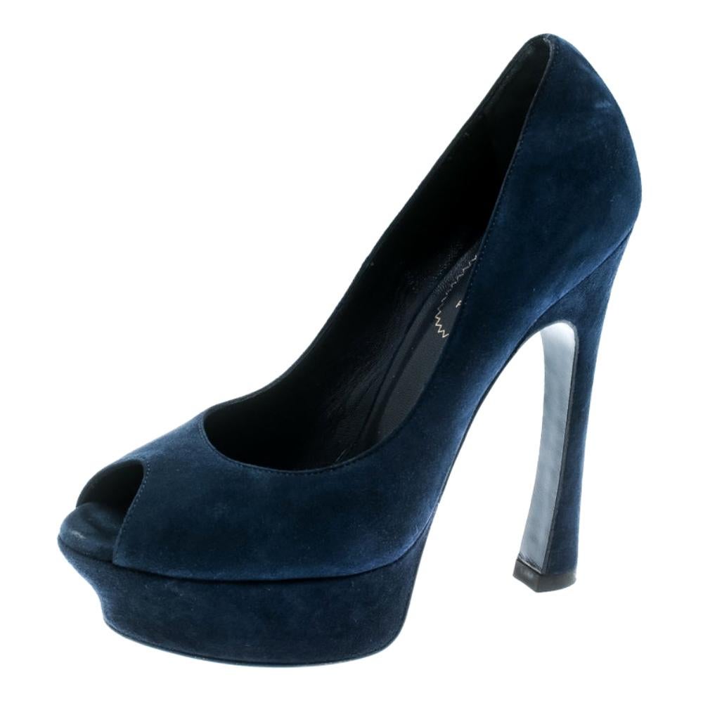 Saint Laurent Blue Suede Palais Platform Peep Toe Pumps Size 36