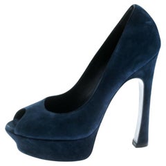 Saint Laurent Blue Suede Palais Platform Peep Toe Pumps Size 36